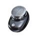 Portable electric shaver with a sleek black design, circular shaving head, and power button
