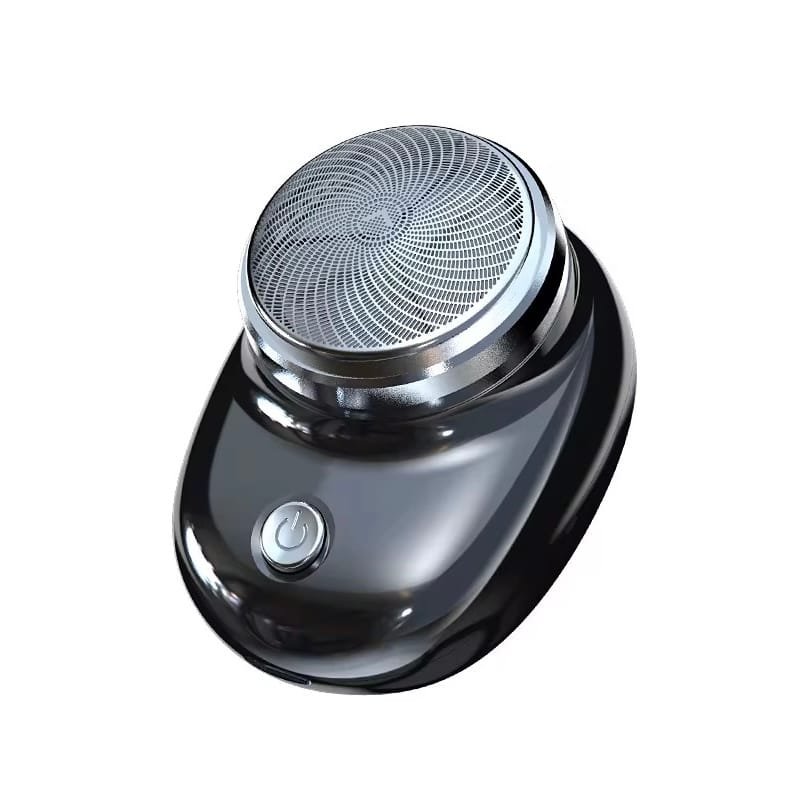 Portable electric shaver with a sleek black design, circular shaving head, and power button