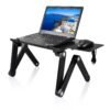Portable aluminum alloy laptop desk with adjustable height, collapsible design, and built-in cooler fan for ergonomic work and gaming