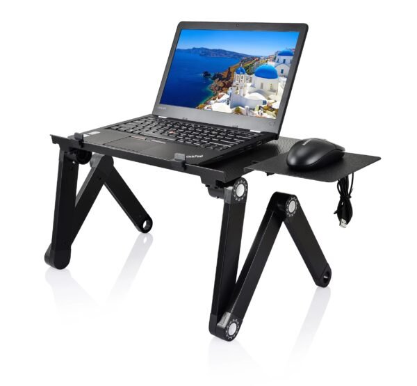 Adjustable Folding Laptop Desk – Portable Aluminum Stand with Cooling Fan Portable aluminum alloy laptop desk with adjustable height, collapsible design, and built-in cooler fan for ergonomic work and gaming