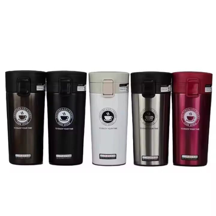 12 oz stainless steel insulated coffee travel mug with press lid, perfect for hot and cold drinks on the go.