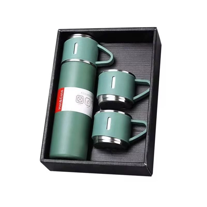 3-piece stainless steel travel thermos set with vacuum insulation, ideal for coffee, tea, and outdoor adventures.