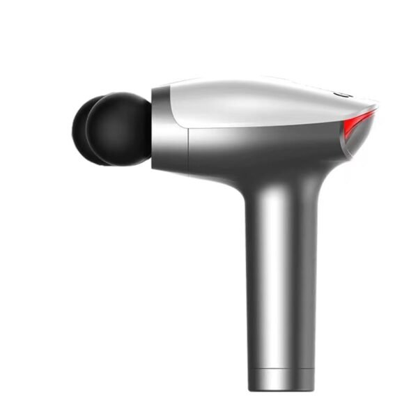 Compact handheld percussion massage gun with dual heads for deep tissue muscle relaxation and pain relief