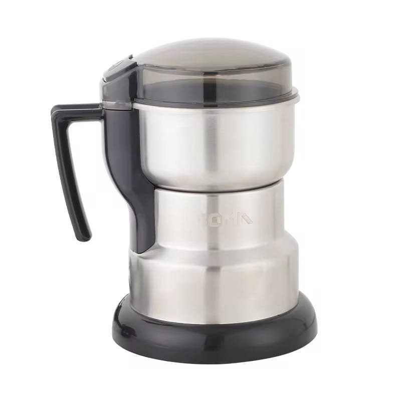 Mini Electric Coffee Grinder for Spices & Seeds – 2 Removable Stainless Steel Bowls – Silver Mini electric coffee grinder in silver with two removable stainless steel bowls for grinding spices and seeds