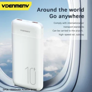VDENMENV 10000mAh power bank with LED display and fast charging, portable and airplane-approved