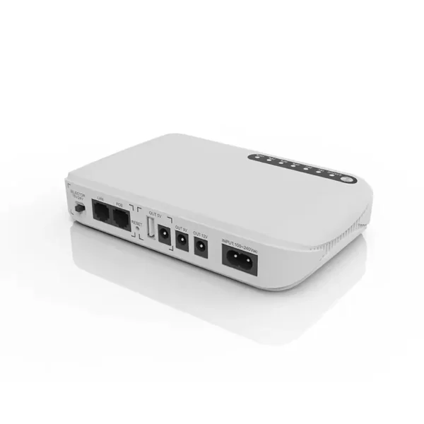 SKE Mini DC UPS 10000mAh – Wall-Mounted 18650 Lithium Battery Backup (5V–24V POE, 18W) for Networking Equipment SKE wall-mounted mini DC UPS with 10000mAh 18650 lithium battery for 5V to 24V POE networking backup