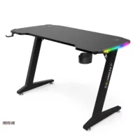 Black RGB gaming desk with multi-color LED lights, cup holder, and ergonomic design