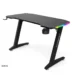 Black RGB gaming desk with multi-color LED lights, cup holder, and ergonomic design