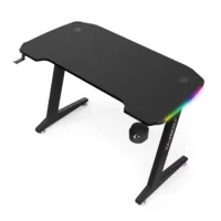Black RGB gaming desk with multi-color LED lights, cup holder, and ergonomic design