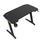 Black RGB gaming desk with multi-color LED lights, cup holder, and ergonomic design