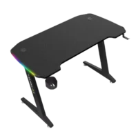 Black RGB gaming desk with multi-color LED lights, cup holder, and ergonomic design