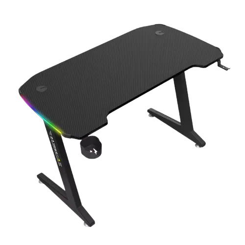 Black RGB gaming desk with multi-color LED lights, cup holder, and ergonomic design